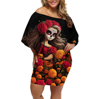 Day of Dead Girl Family Matching Off Shoulder Short Dress and Hawaiian Shirt Sugar Skull Girl Rose And Marigold - Wonder Print Shop