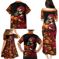 Day of Dead Girl Family Matching Puletasi Dress and Hawaiian Shirt Sugar Skull Girl Rose And Marigold - Wonder Print Shop