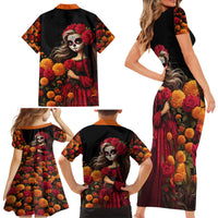 Day of Dead Girl Family Matching Short Sleeve Bodycon Dress and Hawaiian Shirt Sugar Skull Girl Rose And Marigold - Wonder Print Shop