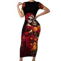 Day of Dead Girl Family Matching Short Sleeve Bodycon Dress and Hawaiian Shirt Sugar Skull Girl Rose And Marigold - Wonder Print Shop
