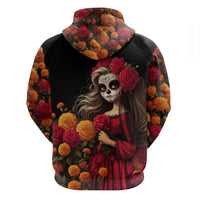 Day of Dead Girl Hoodie Sugar Skull Girl Rose And Marigold - Wonder Print Shop