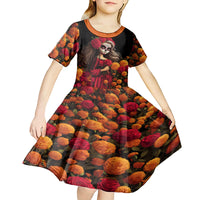 Day of Dead Girl Kid Short Sleeve Dress Sugar Skull Girl Rose And Marigold - Wonder Print Shop