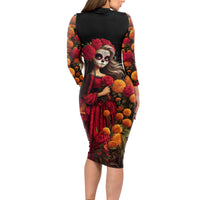 Day of Dead Girl Long Sleeve Bodycon Dress Sugar Skull Girl Rose And Marigold - Wonder Print Shop