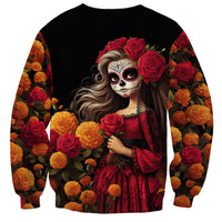 Day of Dead Girl Sweatshirt Sugar Skull Girl Rose And Marigold - Wonder Print Shop