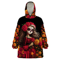 Day of Dead Girl Wearable Blanket Hoodie Sugar Skull Girl Rose And Marigold - Wonder Print Shop