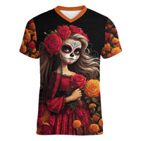 Day of Dead Girl Women V Neck T Shirt Sugar Skull Girl Rose And Marigold - Wonder Print Shop