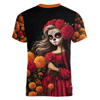 Day of Dead Girl Women V Neck T Shirt Sugar Skull Girl Rose And Marigold - Wonder Print Shop