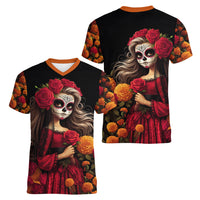 Day of Dead Girl Women V Neck T Shirt Sugar Skull Girl Rose And Marigold - Wonder Print Shop