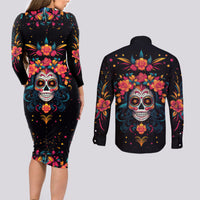 Day of Dead Skull Couples Matching Long Sleeve Bodycon Dress and Long Sleeve Button Shirt Sugar Skull Festival Lady - Wonder Print Shop