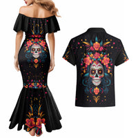 Day of Dead Skull Couples Matching Mermaid Dress and Hawaiian Shirt Sugar Skull Festival Lady - Wonder Print Shop