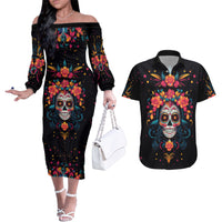 Day of Dead Skull Couples Matching Off The Shoulder Long Sleeve Dress and Hawaiian Shirt Sugar Skull Festival Lady - Wonder Print Shop