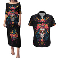 Day of Dead Skull Couples Matching Puletasi Dress and Hawaiian Shirt Sugar Skull Festival Lady - Wonder Print Shop