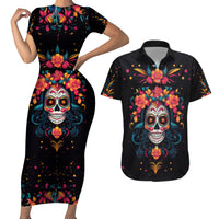 Day of Dead Skull Couples Matching Short Sleeve Bodycon Dress and Hawaiian Shirt Sugar Skull Festival Lady - Wonder Print Shop