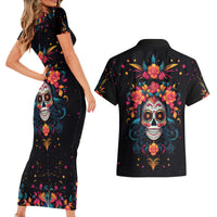 Day of Dead Skull Couples Matching Short Sleeve Bodycon Dress and Hawaiian Shirt Sugar Skull Festival Lady - Wonder Print Shop