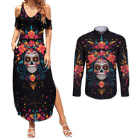 Day of Dead Skull Couples Matching Summer Maxi Dress and Long Sleeve Button Shirt Sugar Skull Festival Lady - Wonder Print Shop