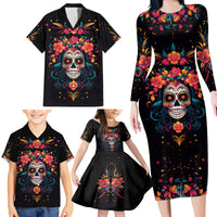 Day of Dead Skull Family Matching Long Sleeve Bodycon Dress and Hawaiian Shirt Sugar Skull Festival Lady - Wonder Print Shop