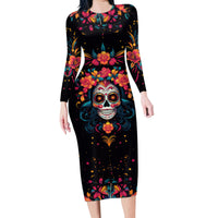 Day of Dead Skull Family Matching Long Sleeve Bodycon Dress and Hawaiian Shirt Sugar Skull Festival Lady - Wonder Print Shop