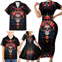 Day of Dead Skull Family Matching Short Sleeve Bodycon Dress and Hawaiian Shirt Sugar Skull Festival Lady - Wonder Print Shop