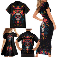 Day of Dead Skull Family Matching Short Sleeve Bodycon Dress and Hawaiian Shirt Sugar Skull Festival Lady - Wonder Print Shop