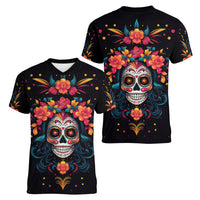 Day of Dead Skull Women V Neck T Shirt Sugar Skull Festival Lady - Wonder Print Shop