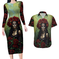 Day of Dead Lady Couples Matching Long Sleeve Bodycon Dress and Hawaiian Shirt Sugar Skull Rose Lady - Wonder Print Shop