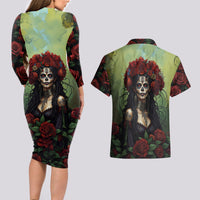 Day of Dead Lady Couples Matching Long Sleeve Bodycon Dress and Hawaiian Shirt Sugar Skull Rose Lady - Wonder Print Shop