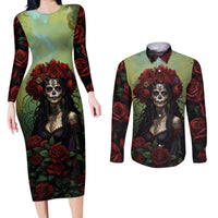 Day of Dead Lady Couples Matching Long Sleeve Bodycon Dress and Long Sleeve Button Shirt Sugar Skull Rose Lady - Wonder Print Shop