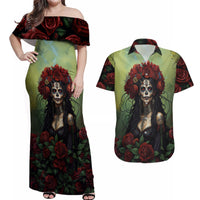 Day of Dead Lady Couples Matching Off Shoulder Maxi Dress and Hawaiian Shirt Sugar Skull Rose Lady - Wonder Print Shop