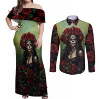 Day of Dead Lady Couples Matching Off Shoulder Maxi Dress and Long Sleeve Button Shirt Sugar Skull Rose Lady - Wonder Print Shop