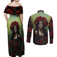 Day of Dead Lady Couples Matching Off Shoulder Maxi Dress and Long Sleeve Button Shirt Sugar Skull Rose Lady - Wonder Print Shop
