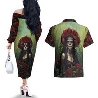 Day of Dead Lady Couples Matching Off The Shoulder Long Sleeve Dress and Hawaiian Shirt Sugar Skull Rose Lady - Wonder Print Shop