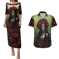Day of Dead Lady Couples Matching Puletasi Dress and Hawaiian Shirt Sugar Skull Rose Lady - Wonder Print Shop