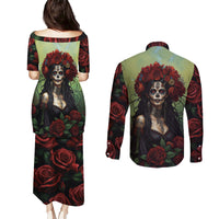 Day of Dead Lady Couples Matching Puletasi Dress and Long Sleeve Button Shirt Sugar Skull Rose Lady - Wonder Print Shop