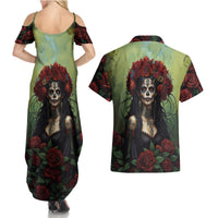 Day of Dead Lady Couples Matching Summer Maxi Dress and Hawaiian Shirt Sugar Skull Rose Lady - Wonder Print Shop