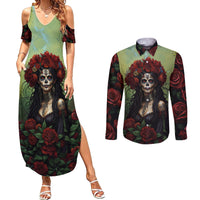 Day of Dead Lady Couples Matching Summer Maxi Dress and Long Sleeve Button Shirt Sugar Skull Rose Lady - Wonder Print Shop