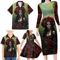 Day of Dead Lady Family Matching Long Sleeve Bodycon Dress and Hawaiian Shirt Sugar Skull Rose Lady - Wonder Print Shop