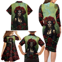 Day of Dead Lady Family Matching Long Sleeve Bodycon Dress and Hawaiian Shirt Sugar Skull Rose Lady - Wonder Print Shop