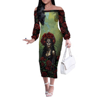 Day of Dead Lady Family Matching Off Shoulder Long Sleeve Dress and Hawaiian Shirt Sugar Skull Rose Lady - Wonder Print Shop