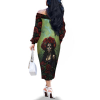 Day of Dead Lady Family Matching Off Shoulder Long Sleeve Dress and Hawaiian Shirt Sugar Skull Rose Lady - Wonder Print Shop