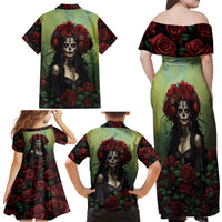 Day of Dead Lady Family Matching Off Shoulder Maxi Dress and Hawaiian Shirt Sugar Skull Rose Lady - Wonder Print Shop