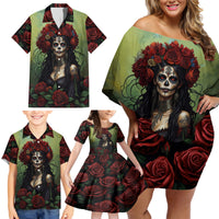 Day of Dead Lady Family Matching Off Shoulder Short Dress and Hawaiian Shirt Sugar Skull Rose Lady - Wonder Print Shop