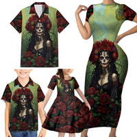 Day of Dead Lady Family Matching Short Sleeve Bodycon Dress and Hawaiian Shirt Sugar Skull Rose Lady - Wonder Print Shop