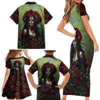Day of Dead Lady Family Matching Short Sleeve Bodycon Dress and Hawaiian Shirt Sugar Skull Rose Lady - Wonder Print Shop