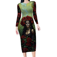 Day of Dead Lady Long Sleeve Bodycon Dress Sugar Skull Rose Lady - Wonder Print Shop