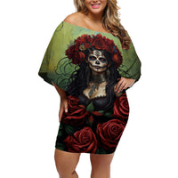 Day of Dead Lady Off Shoulder Short Dress Sugar Skull Rose Lady - Wonder Print Shop