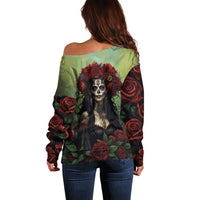 Day of Dead Lady Off Shoulder Sweater Sugar Skull Rose Lady - Wonder Print Shop