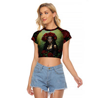Day of Dead Lady Raglan Cropped T Shirt Sugar Skull Rose Lady - Wonder Print Shop