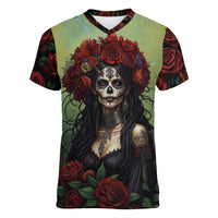 Day of Dead Lady Women V Neck T Shirt Sugar Skull Rose Lady - Wonder Print Shop