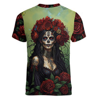 Day of Dead Lady Women V Neck T Shirt Sugar Skull Rose Lady - Wonder Print Shop