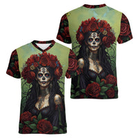 Day of Dead Lady Women V Neck T Shirt Sugar Skull Rose Lady - Wonder Print Shop